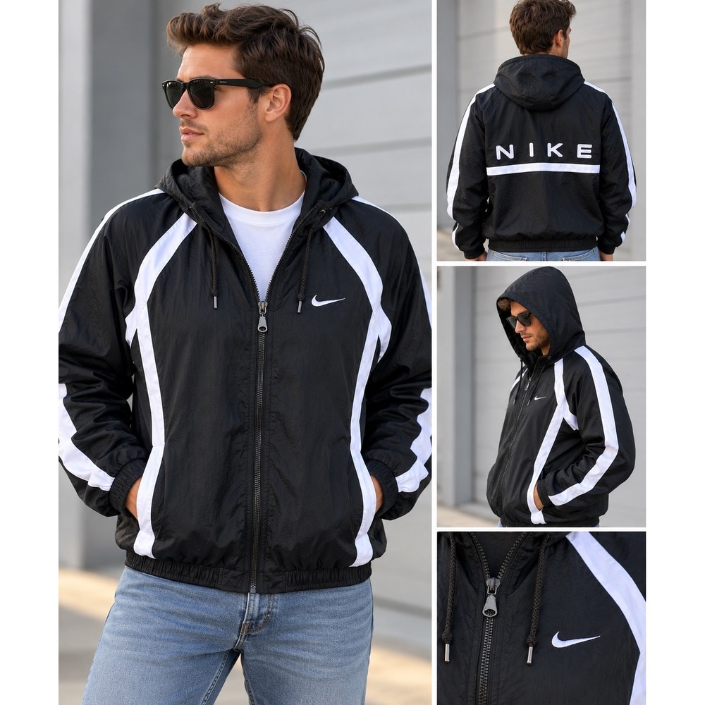 Vintage Nike Jacket Mens XL Black White Hooded Windbreaker Full Zip Athletic